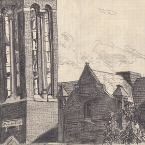 Original Artwork, Graphite Pencil Drawing, Title: The Lutheran Church from Jacq + Lucas Roof, 12 July 20