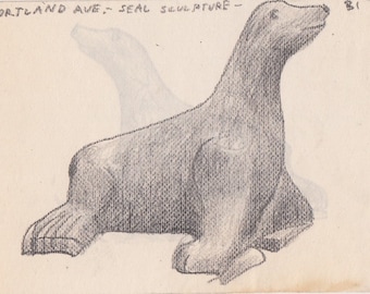 Original Artwork, Graphite Drawing, Title: 105 N. Portland Ave. - Seal Sculpture, 31 March 2022