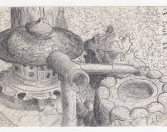 Original Artwork, Pencil Drawing, Title: Chicago Botanic Garden - Tsukubai - Crouching Basin Arrangement, 13 June 2023