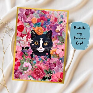 Katze und Blumen 5.5x7.5 digitale Blanko-Grußkarte
