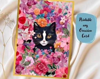 Cat and flowers 5.5x7.5 digital blank greeting card