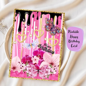 Abstrakte rosa Pink Drizzle 5.5x7.5 digitale Grußkarte zum Geburtstag