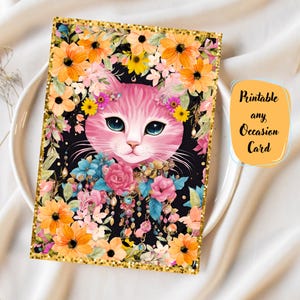 Carte de voeux note numérique chat et fleurs 5,5 x 7,5