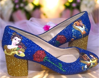 Beauty and the Beast Wedding Shoes: Glitter Blue Bridal Block Heels