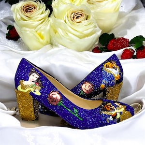 Beauty and the Beast Wedding Shoes: Glitter Blue Bridal Block Heels