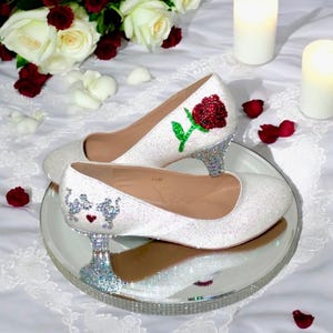 White bridal kitten heel shoes Swarovski style crystal heels with glitter and crystal red rose Disney wedding mouse princess low heels