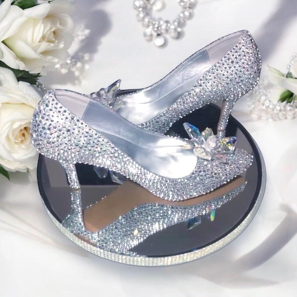 Cinderella Crystal Wedding Shoes: Silver Bridal Heels with Swarovski Flower