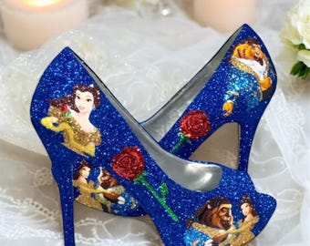 Beauty and the Beast Wedding Shoes: Blue Glitter Princess Bridal Pumps