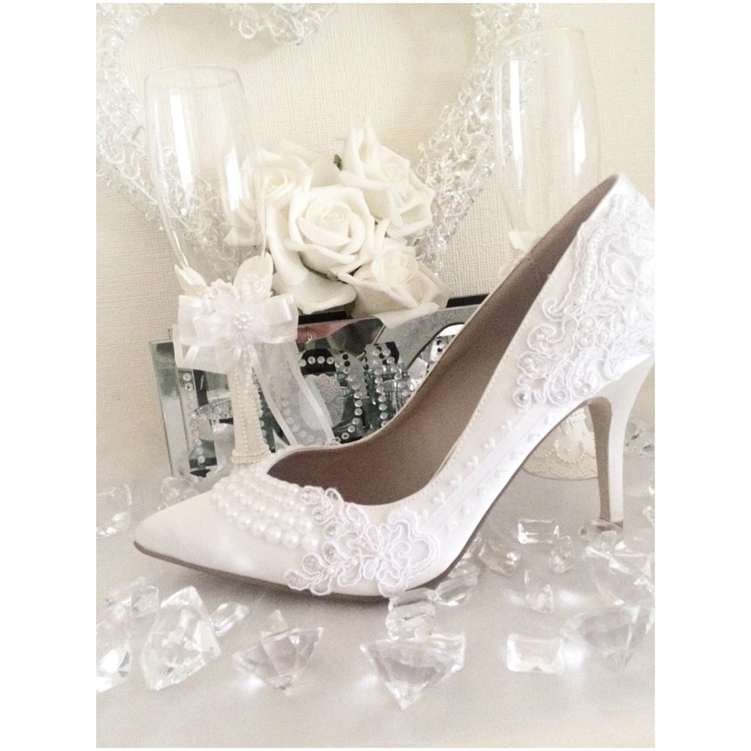 Ivory White Wedding Shoes Bridal Heels Satin Embroidery Etsy