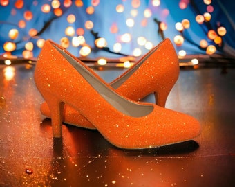 Orange glitter shoes low heel pumps neon heels wedding pumps