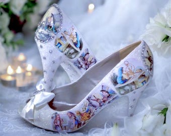 Vintage Alice in Wonderland Wedding Heels: White Satin Bows & Crystals