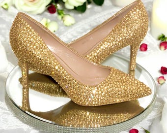 Crystal wedding shoes bridal mid high heel pumps Swarovski style rhinestones