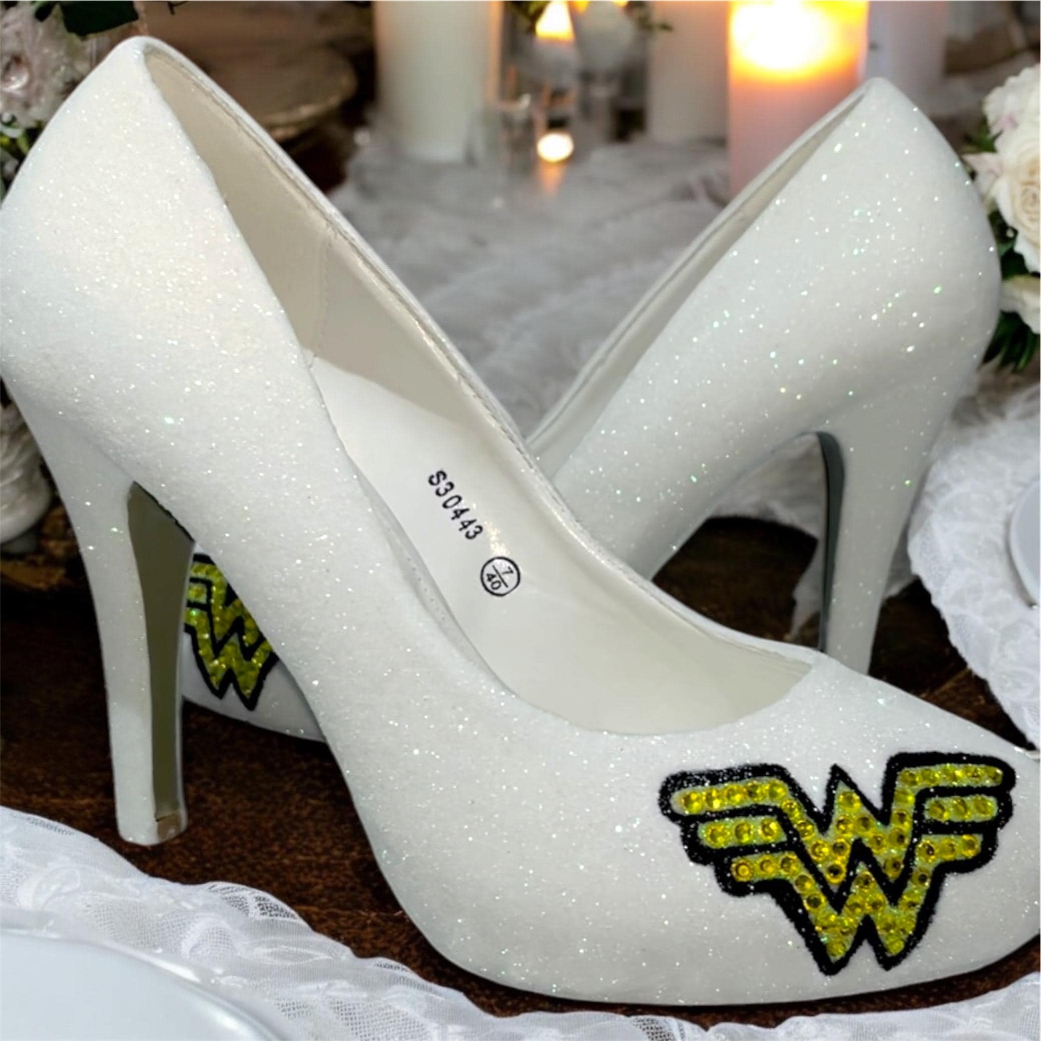 Wonder Woman Bridal Pumps: Pearlized White Glitter, Crystal Logo - Etsy, image size:2080x2080