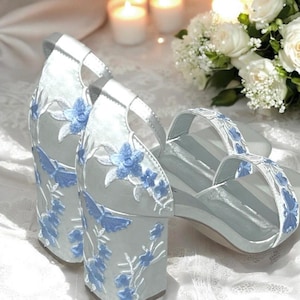 Floral Embroidered Wedding Sandals: Blue Flowers, White Satin Block Heel