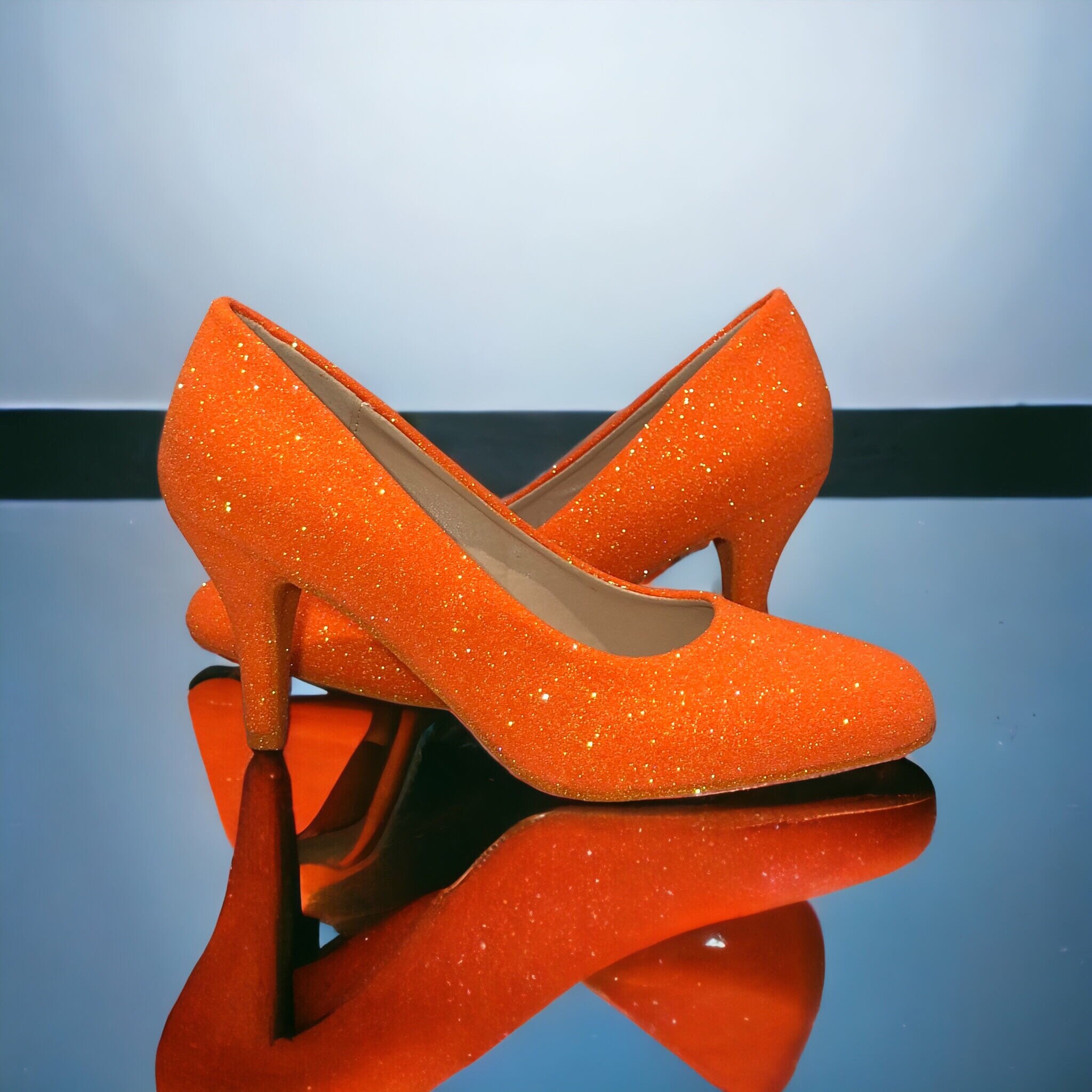 Orange Glitter Shoes Low Heel Pumps Neon Heels Wedding Pumps Etsy