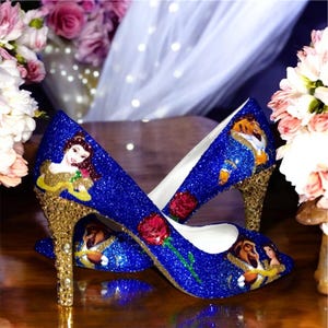 Beauty and the Beast Wedding Shoes: Blue glitter shoes with gold Crystal Heel Bridal Pumps