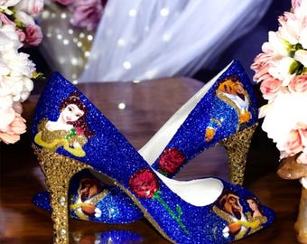 Beauty and the Beast Wedding Shoes: Blue glitter shoes with gold Crystal Heel Bridal Pumps
