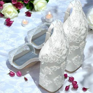 Embroidered Floral Wedding Shoes: White Satin Block Heel Sandals