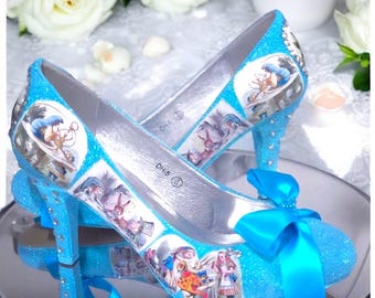 Vintage Alice in Wonderland Bridal Shoes: Blue Satin Bows & Crystal Pumps
