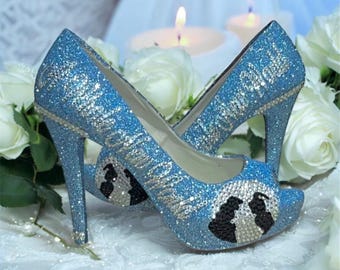 Blue bridal shoes Aladdin & jasmine Swarovski style crystal Disney theme wedding shoes peep toe pumps Disney wedding