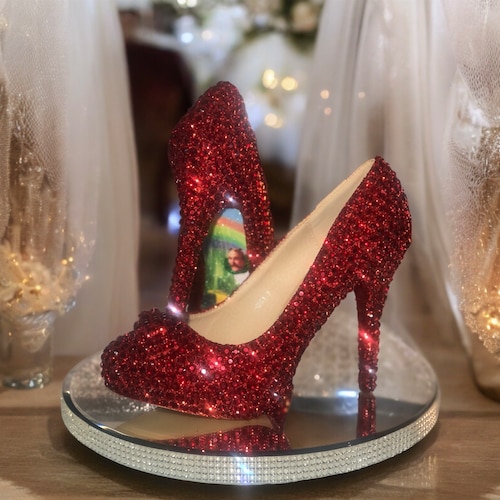 Red Rhinestone Women Pumps Shoes Closed Toe Heels Ruby Red Sparkle