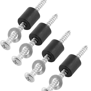 May include: Four black cylindrical furniture bumpers with silver screws and washers. These bumpers are designed to protect surfaces from scratches and damage. The screws are approximately 1 inch long.