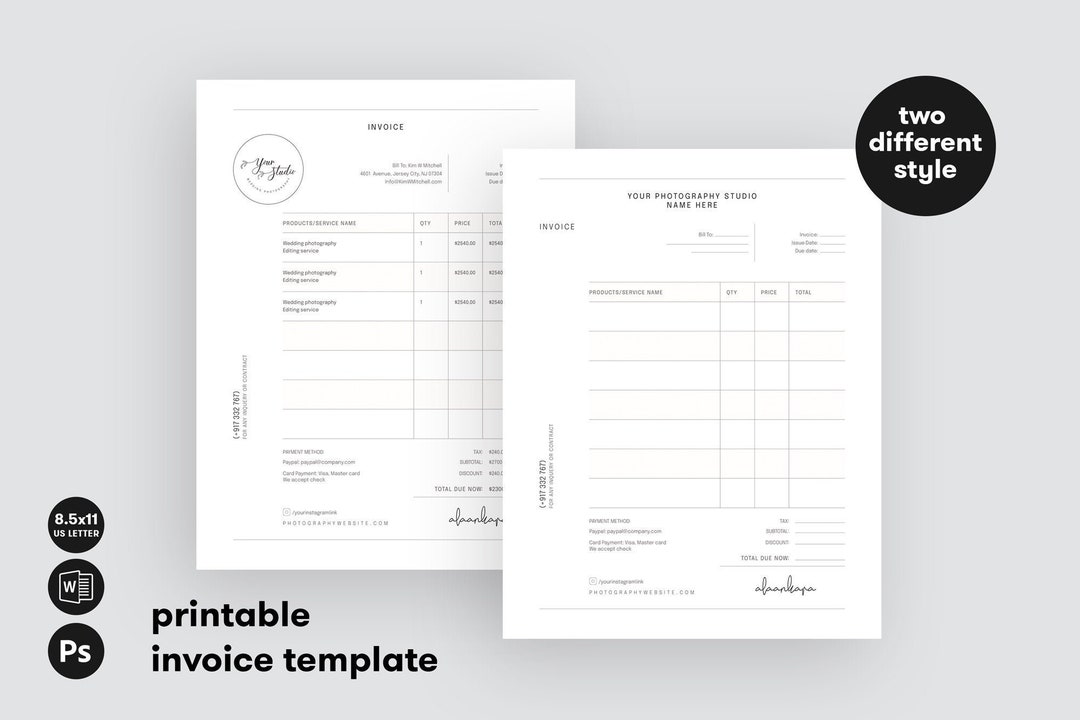 Printable Editable Invoice Template Instant Downloadable Photography ...