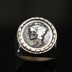 Hobo Coin Ring model II / Silver Mercury dime / Skull hand carving