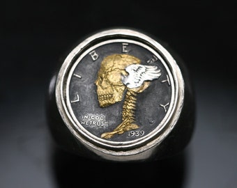 Winged Gold Skull Hobo Coin Ring
