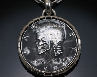 Tramp nickel 1964 Kennedy decorative skull Coin Necklace unusual man gift birthday gift 27 chain Tramp nickel 1964 Kennedy decorative skull Coin Necklace unusual man gift birthday gift 27 chain