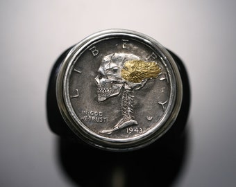 Hobo Coin Ring modèle IA / Angel Skull / Winged Skull / Gold Wing / US silver dime