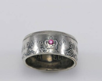 Canada Half Dollar Silver Coin Ring 1959-1964 /Crown Ring/Silver Rings/Mens Womens Ring with Gems