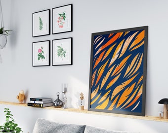 Swimming Goldfish print, interiors artwork, orange artwork, cool surface pattern, cool home art, vibrant wall art, colourful interior art