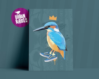 Kingfisher Print, Rare British Birds, Quirky Bird Print, Cool Bird illustration, Bird Poster, Ornithology, Cool Sneakers, Bird Watching