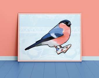 Bullfinch Print, British Birds, Bird Print, Bird illustration, Bird Poster, Bird Art, Ornithology, Sneakers, Trainers, gifts