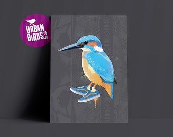 Kingfisher Wall Art, Cool Bird print, British Bird Print, Quirky Bird illustration, Vans Sneakers, Bird Art, Bird Watcher Gift