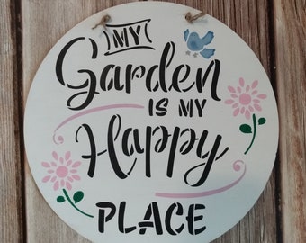 Gardening Gift, Round Wall Decor, My Garden Is My Happy Place Sign, Front Door Decor, Gift For Mom Or Grandma, Gardener Gift, Summer Decor