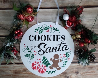 Cookies For Santa Sign, Christmas Wall Decor, Holiday Decoration For Kitchen, Round Wood Christmas Sign, Hanging Santa Gingerbread Man Decor