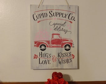 Rustic Farmhouse Vintage Look Valentine Home Decor, Hugs And Kisses Valentine Sign, Cupid Supply Co. Wood Sign, Red Truck With Pink Hearts