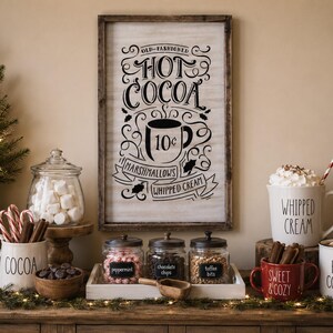 May include: A rectangular wooden sign with the text OLD-FASHIONED HOT COCOA, a mug graphic, and the words MARSHMALLOWS and WHIPPED CREAM. Below are three glass jars with black lids labelled peppermint, chocolate chips, and toffee bits on a tray.
