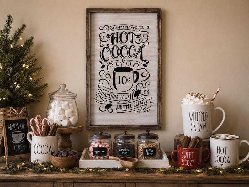 May include: A rectangular wooden sign with the text OLD-FASHIONED HOT COCOA, a mug graphic, and the words MARSHMALLOWS and WHIPPED CREAM. Below are three glass jars with black lids labelled peppermint, chocolate chips, and toffee bits on a tray.