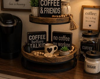 Farmhouse Coffee Bar Wood Signs: Tiered Tray Decor