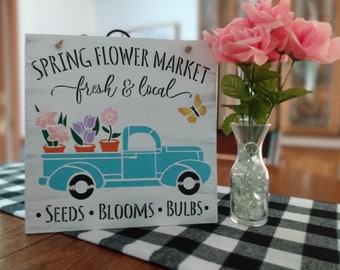 Spring Flower Market Sign Wood, Rustic Wall Decor, Spring Decor Farmhouse, Teal Truck, Spring Decor Sign, Summer Decor For Home, Front Door