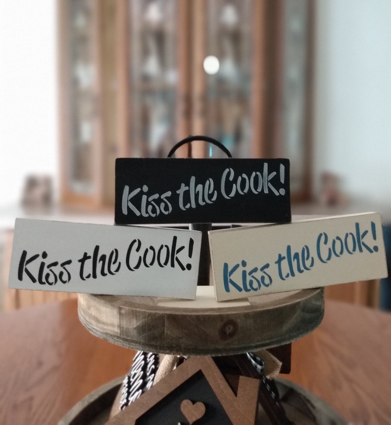 Small "Kiss the Cook" wood blocks. Great for tiered tray displays, or to sit on a shelf or counter.