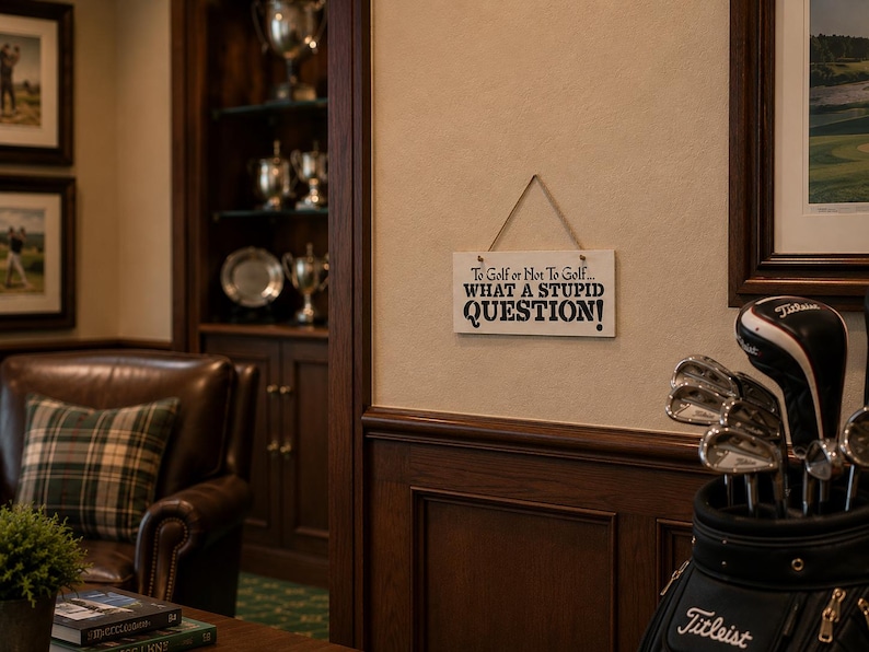 May include: A rectangular white wooden sign hanging by a jute rope, featuring black text that reads: To Golf or Not To Golf... WHAT A STUPID QUESTION! The sign is mounted on a light-colored wall above dark wood paneling in a room with golf decor.