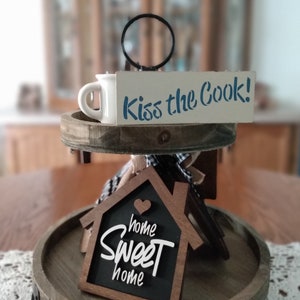 Tiered Tray Decor, Mini Farmhouse Signs, Farmhouse Kitchen Decor, Mini Signs For Tiered Tray, Kiss The Cook Sign, Tiered Tray Kitchen Decor image 2