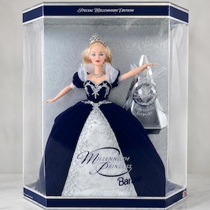NIB Millennium Princess Barbie Doll, 1999 Holiday Edition, Blue Dress, Tiara, Misprint Box