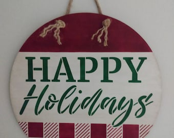 Happy Holidays Farmhouse Signs, Christmas Decor, Vintage Look Holiday Decorations, Rustic Christmas Decor, Wall Decor, Round Door Hangers