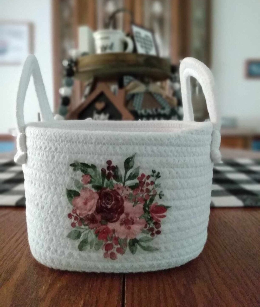 Floral Decorative Rope Basket With Handles: Red & Pink Bouquet - Etsy