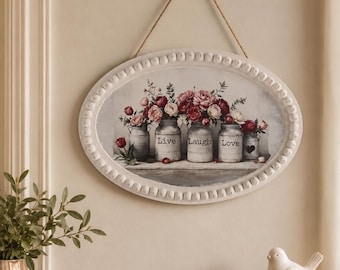 3 Designs Available: Farmhouse Flower Can Wall Decor, Vintage Style Cottage Farmhouse / Shabby Chic Beaded Oval Sign